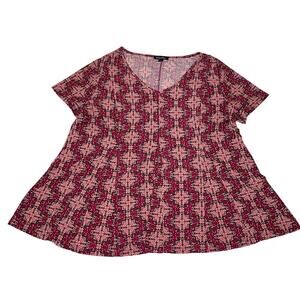 Roz & Ali Woman’s Blouse Top Multicolor Plus 2X Geometric Short Sleeve V Neck